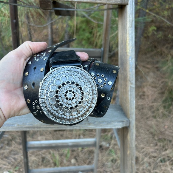 Nine West Accessories - Nine West leather black flat studded belt with decorative mandala metal buckle